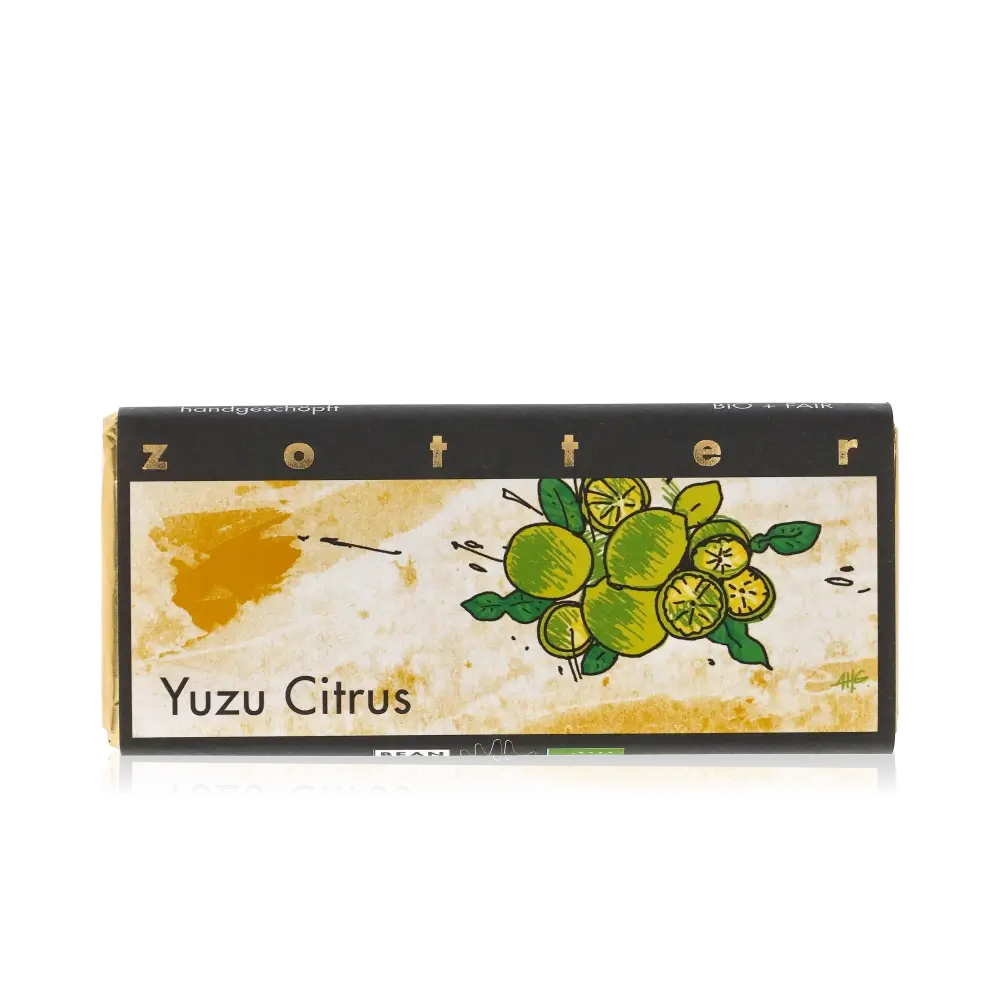 Zotter Schokolade Yuzu Citrus Verpackung mit Zitronenmotiv.