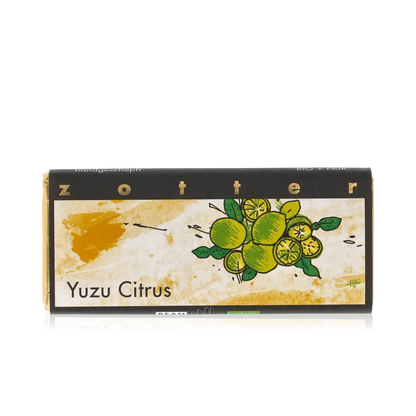 Zotter Schokolade Yuzu Citrus Verpackung mit Zitronenmotiv.