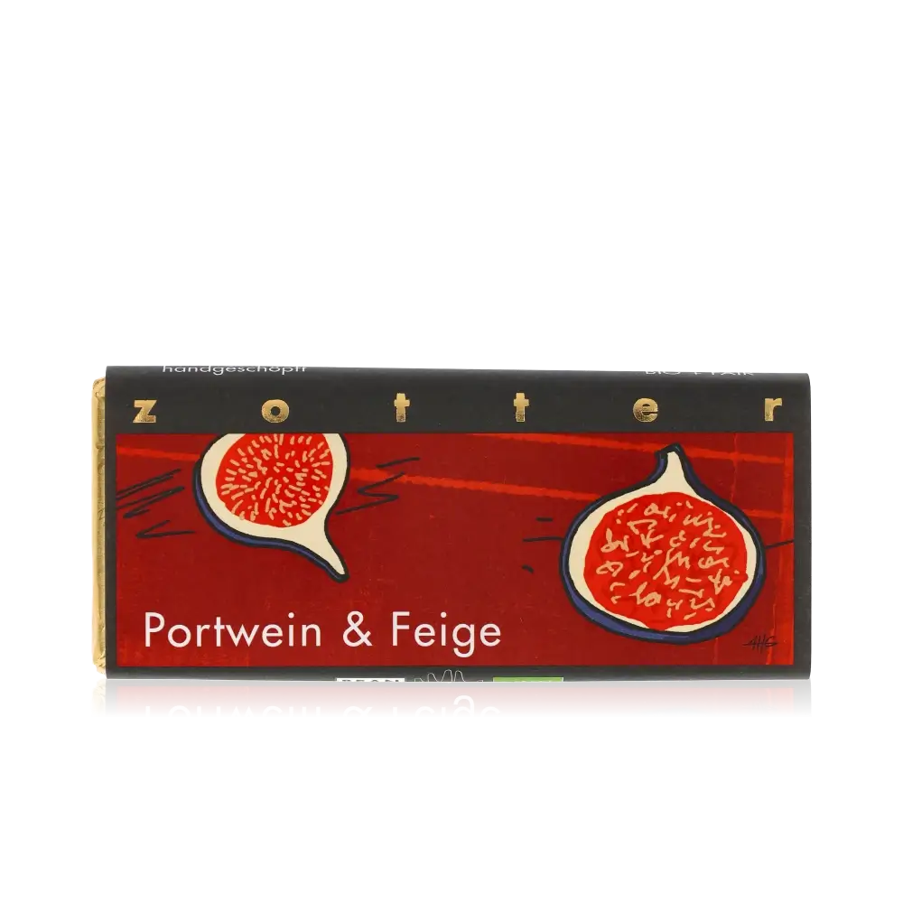Zotter Schokolade mit Portwein und Feige auf rotem Hintergrund.