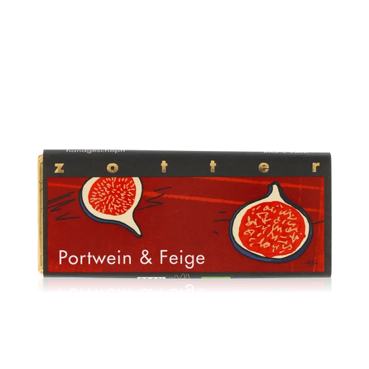 Zotter Schokolade mit Portwein und Feige auf rotem Hintergrund.