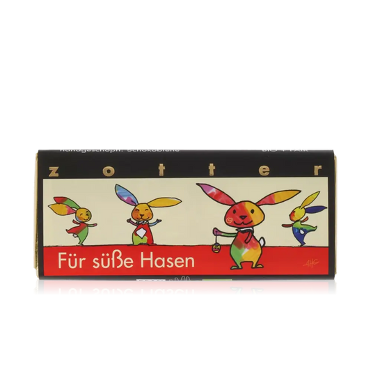 Schokoladenverpackung mit bunten Hasen.