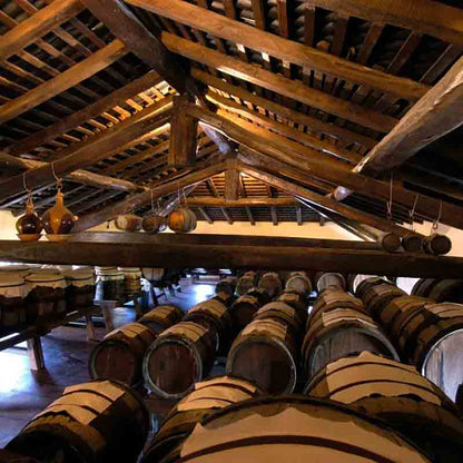 Holzfasslager mit Essigfässern unter rustikalem Dach.