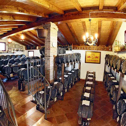 Weinkeller mit Fässern, Leonardi-Logo an der Wand.