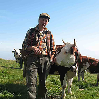 Mann mit Kühen auf Wiese.