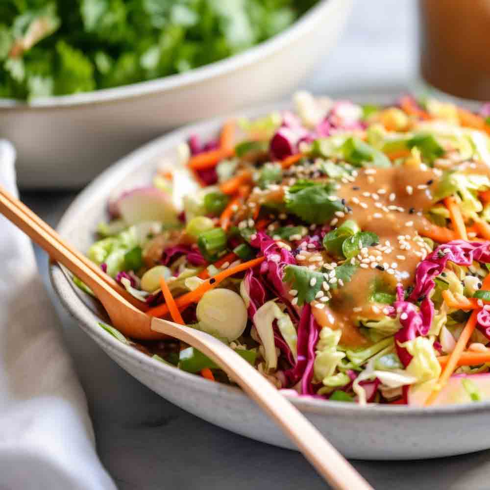 Asiatischer Salat mit Sesam und Dressing auf Teller.