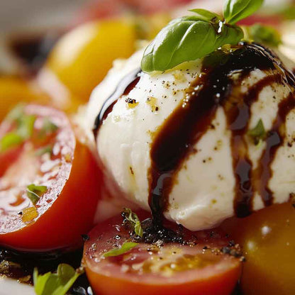 Cremiger Balsamico fließt über Burrata