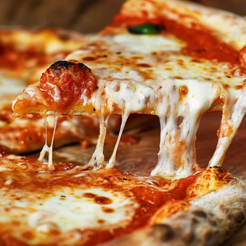 Einzelnes Pizza Napoletana Stück mit geschmolzenem Käse