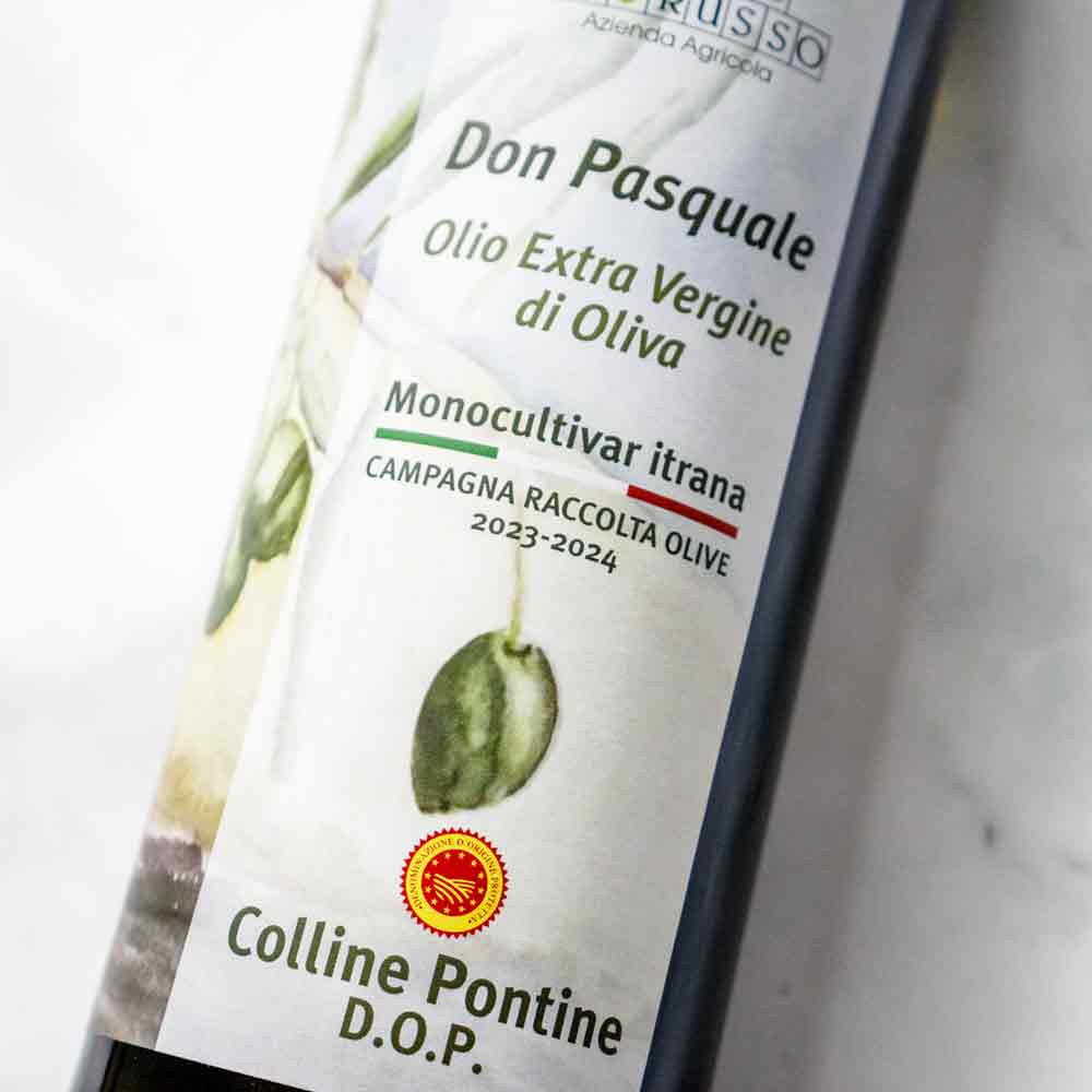 Etikett von Don Pasquale Olivenölflasche, Vorderseite.