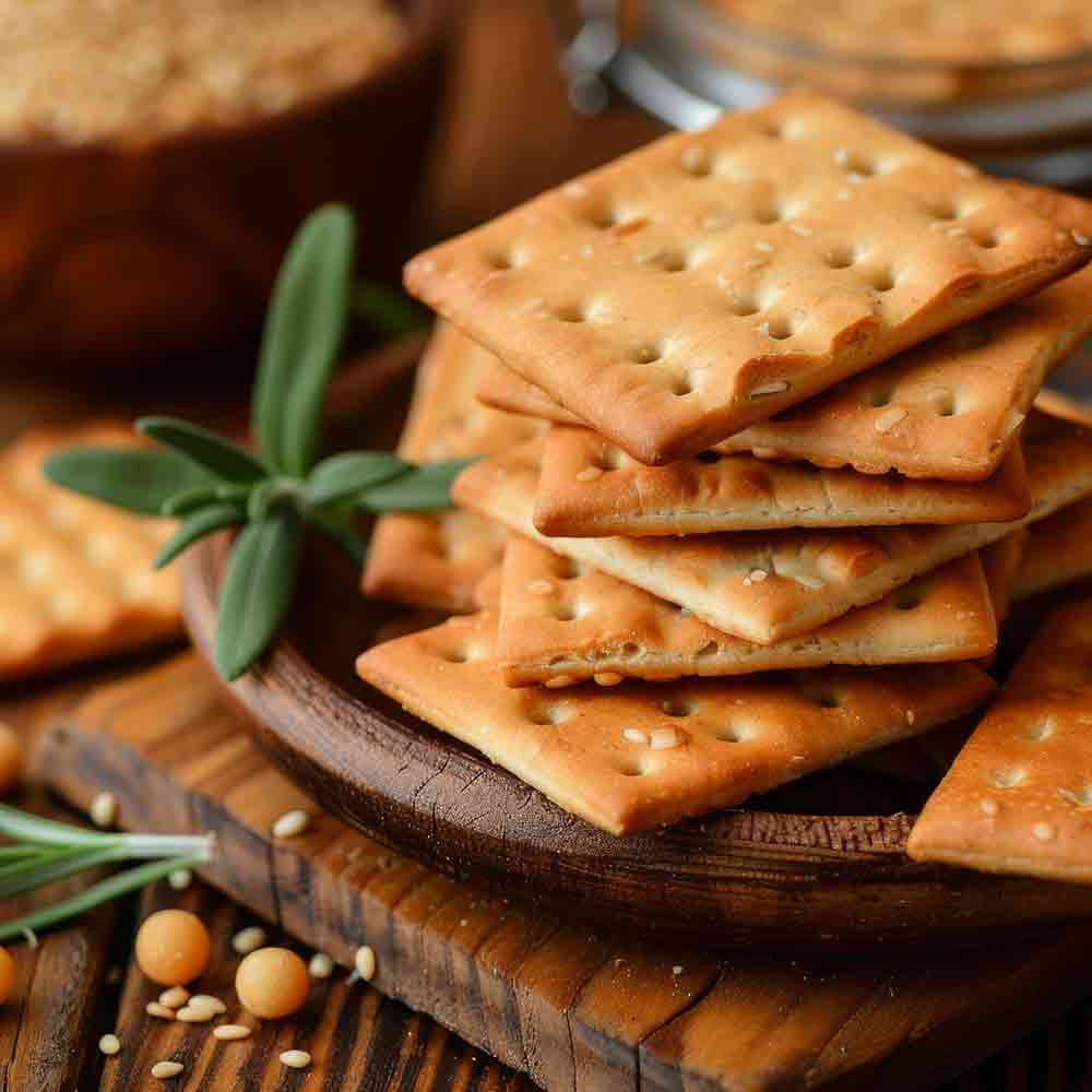 Cracker auf Holzbrett mit Kräutern und Sesam.