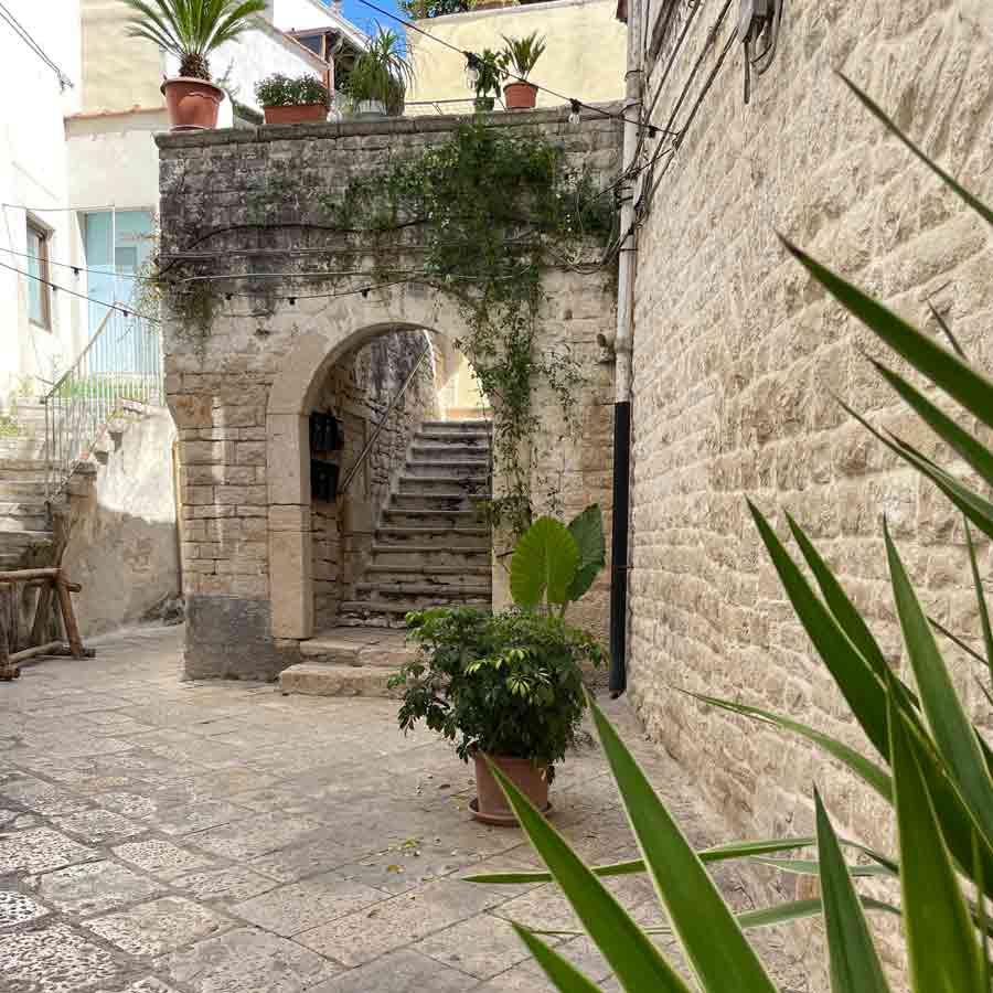 Steinbogen mit Pflanzen und Treppe.