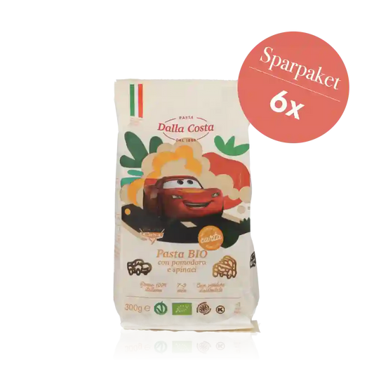 Sparpaket Disney Pasta 'Cars' BIO 6 x 250g – dreifarbige pasta mit Cars-Motiv.