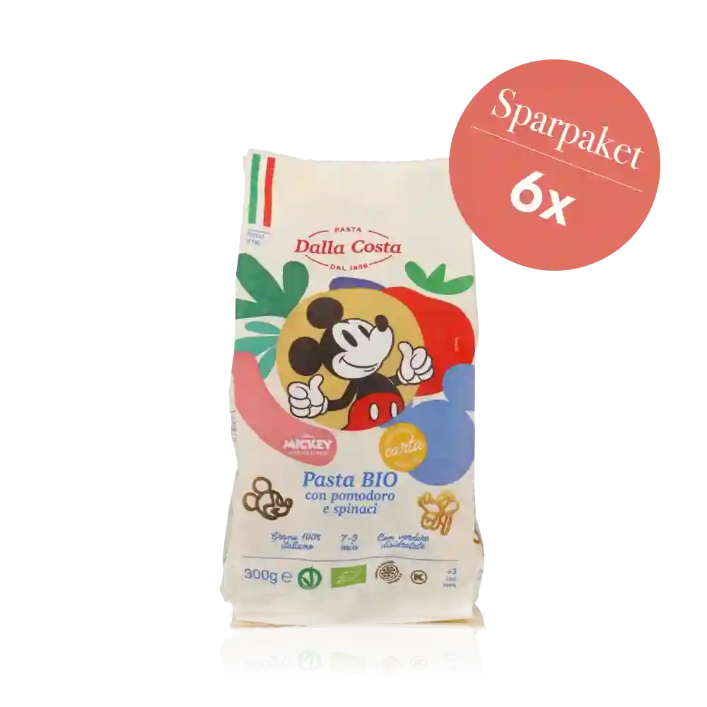 Sparpaket Disney Pasta 'Mickey Mouse' BIO – dreifarbige Pasta mit Tomate und Spinat und Mickey Mouse Motiv.