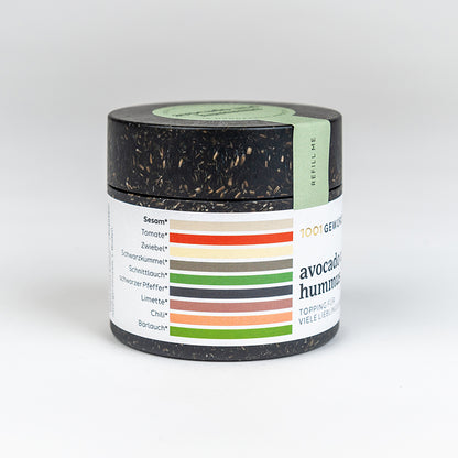 1001 Gewürze Avocado Hummus Topping Gewürzmischung in schwarzer Dose.