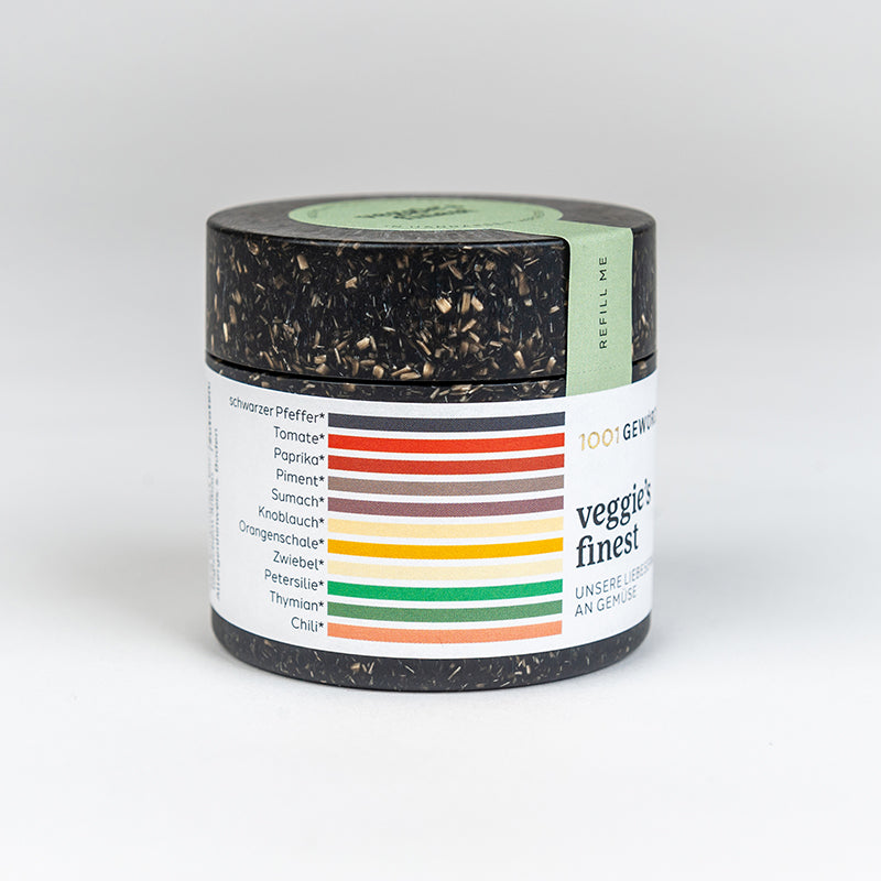 Gewürzdose "veggie’s finest" mit farbigem Etikett.