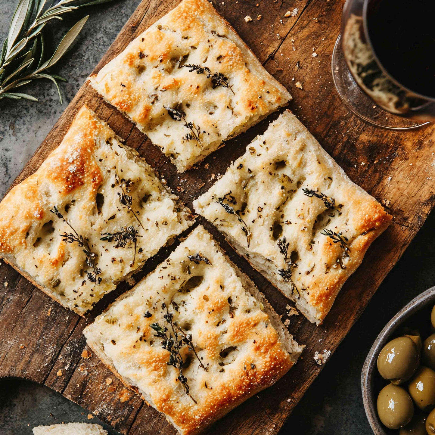 Focaccia auf Holzbrett mit Oliven und Rotwein.