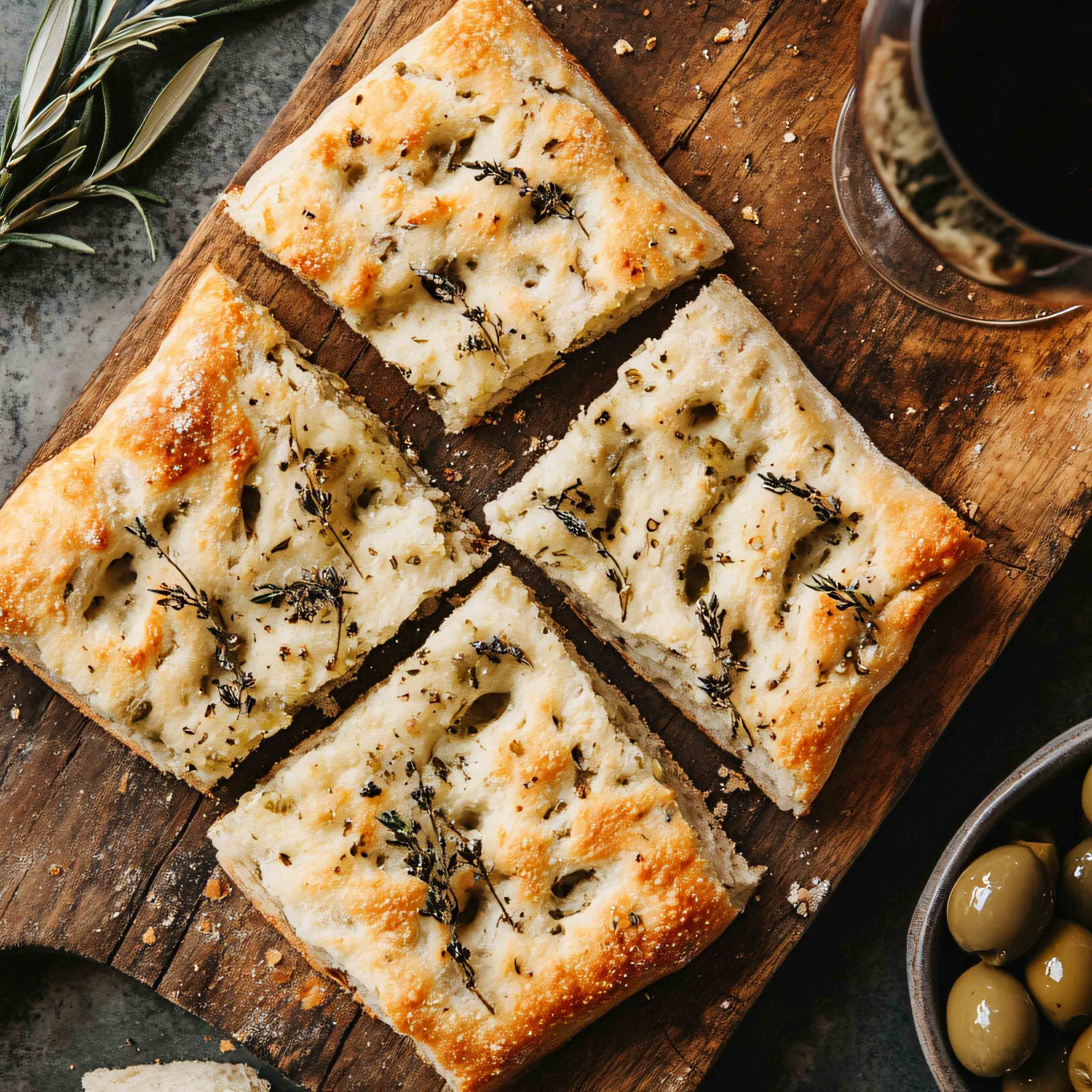 Focaccia auf Holzbrett mit Oliven und Rotwein.