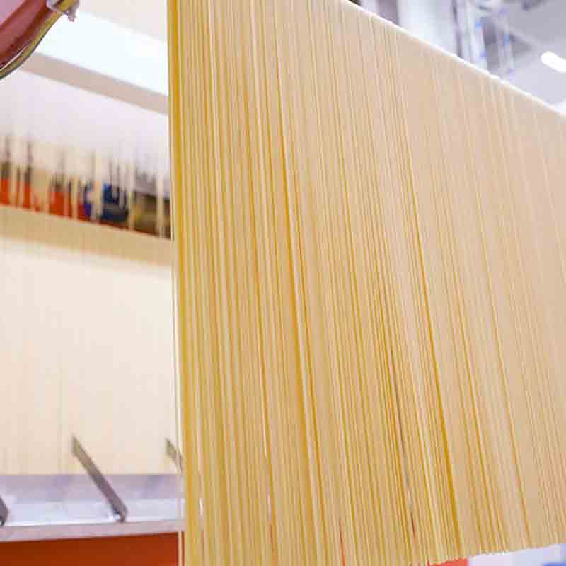 Spaghetti werden hängend in den Trockenraum transportiert.