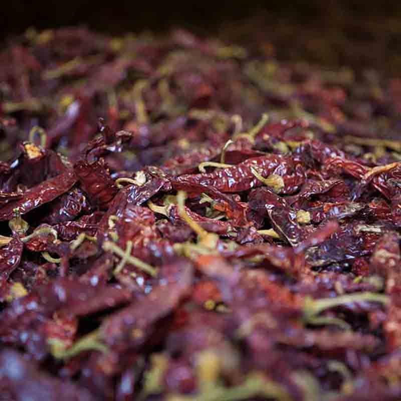 Getrocknete Paprikaschoten in Nahaufnahme, keine Marken sichtbar.