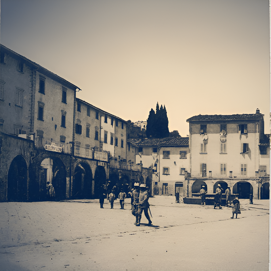 Historischer Platz mit Menschen.