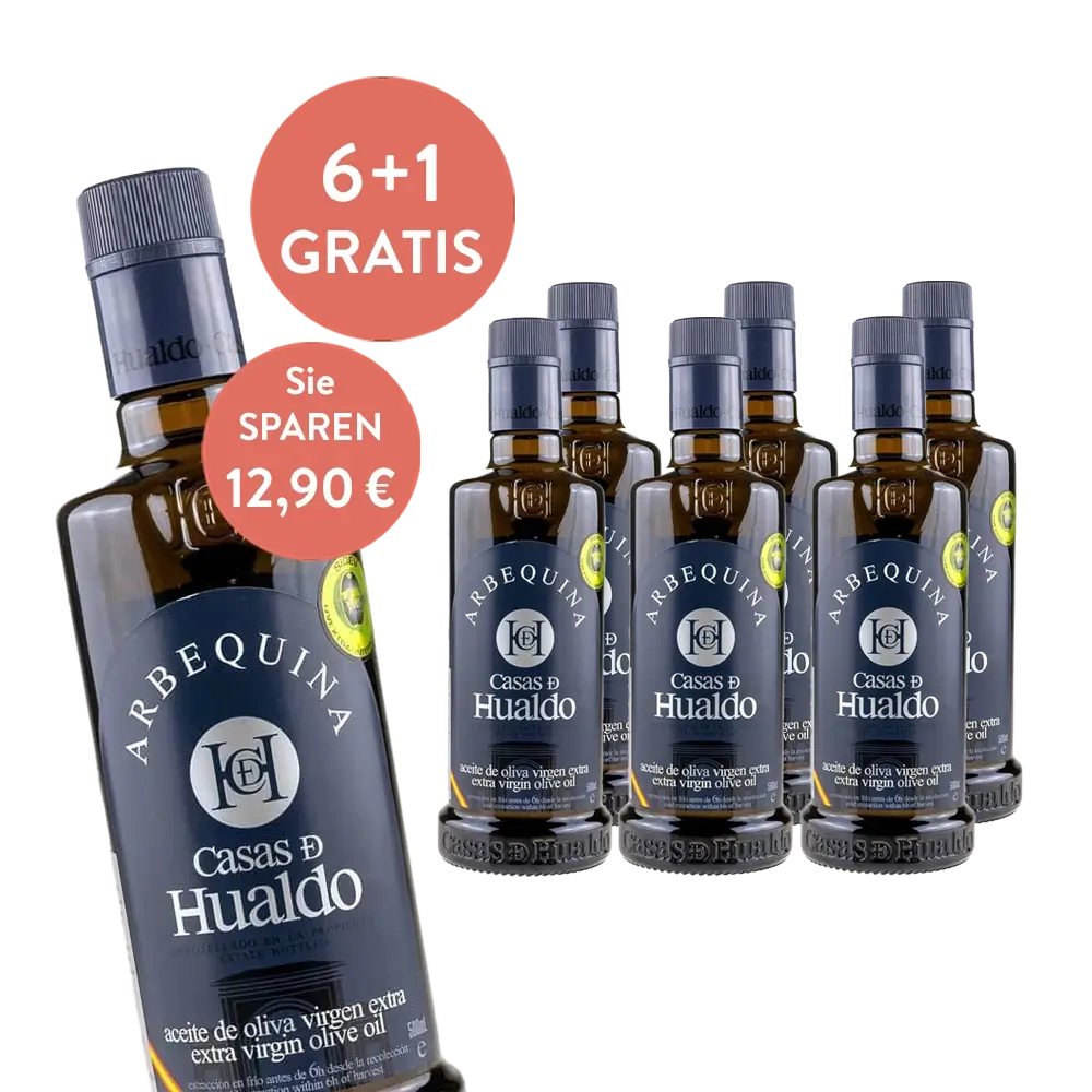 Sechs Flaschen Casas de Hualdo Arbequina Olivenöl.