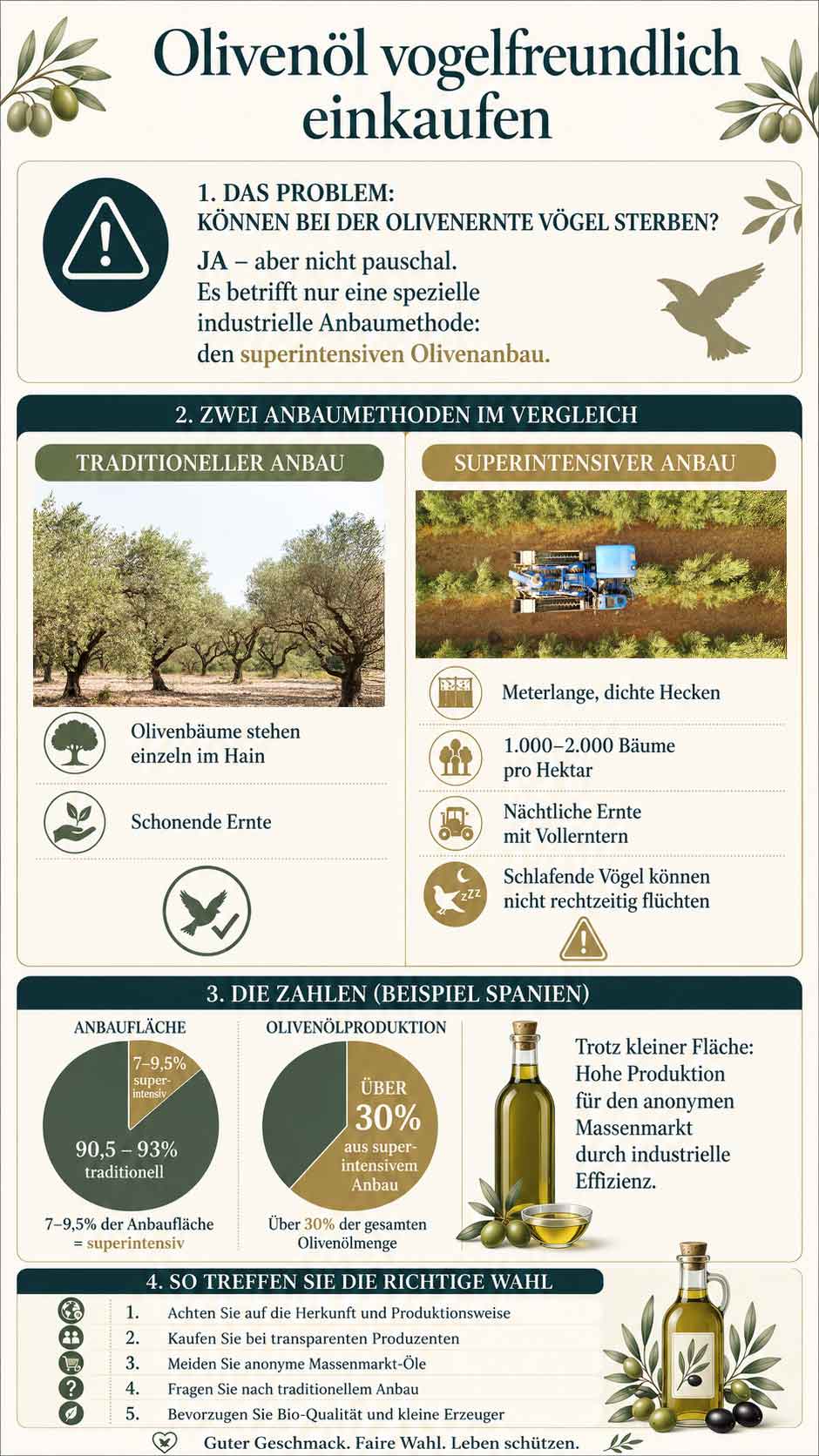 Infografik: Kaufratgeber für vogelfreundliches Olivenöl