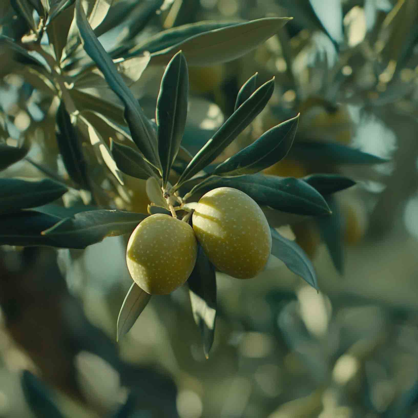 Oliven am Baum, Nahaufnahme, grüne Blätter, Sonnenlicht.