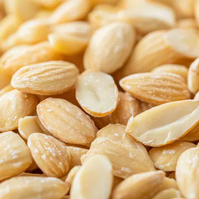 Mandeln in Nahaufnahme, teilweise geschält und geschnitten.