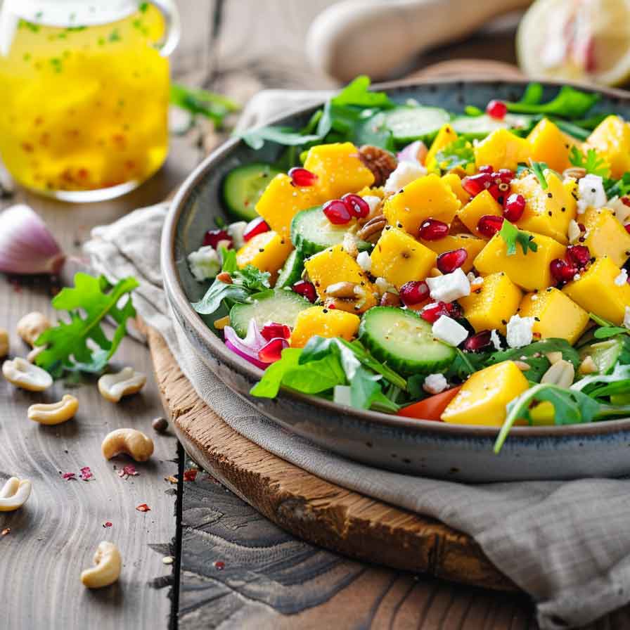 Mango-Chili-Dressing mit Granatapfelkernen und Rucola