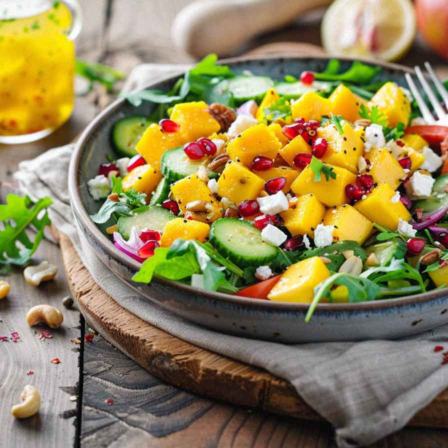 Salat mit Mangostücken und Granatapfelkernen