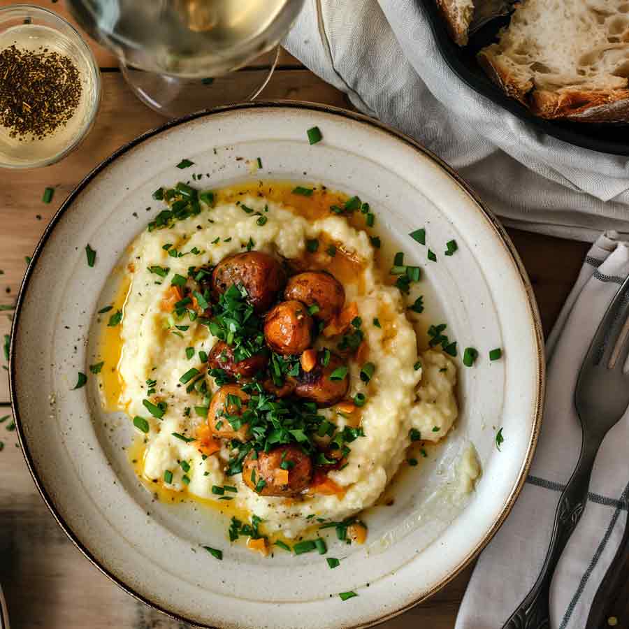 Teller mit Risotto, Pilzen, Kräutern und Olivenöl.