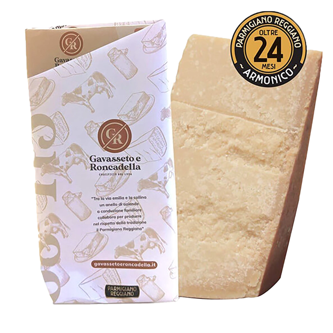Käseverpackung und Parmigiano Reggiano von Gavasseto e Roncadella.
