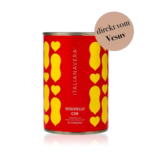 Feinkostdose Italianavera Vesuvio Tomaten mit gelbem Herzmuster.