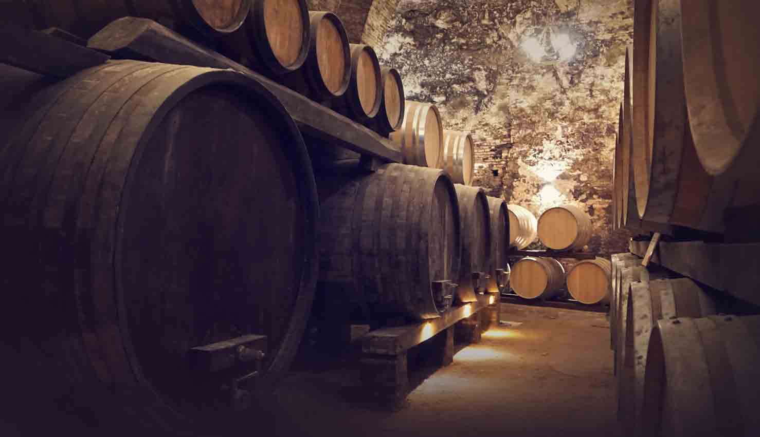 Holzfässer in einem Weinkeller mit stimmungsvoller Beleuchtung.