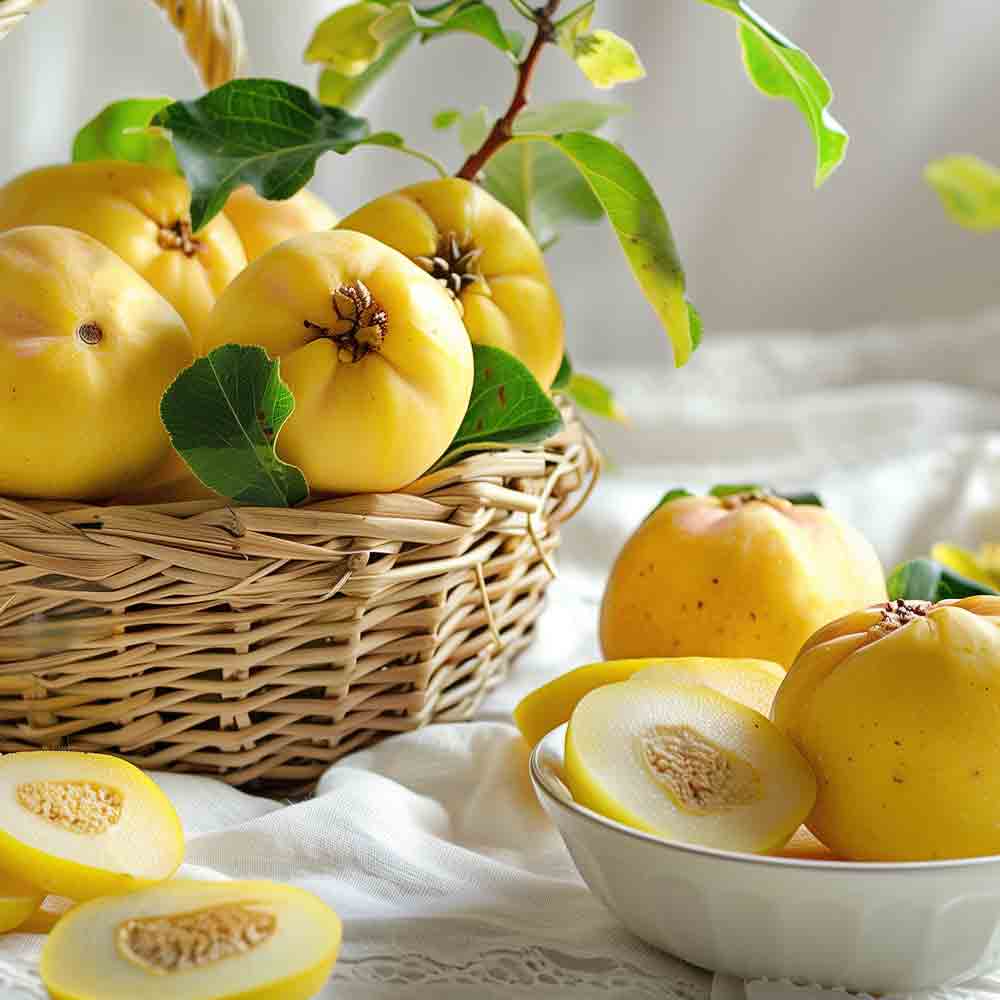 Korb mit Quitten und geschnittenen Quitten in Schale.