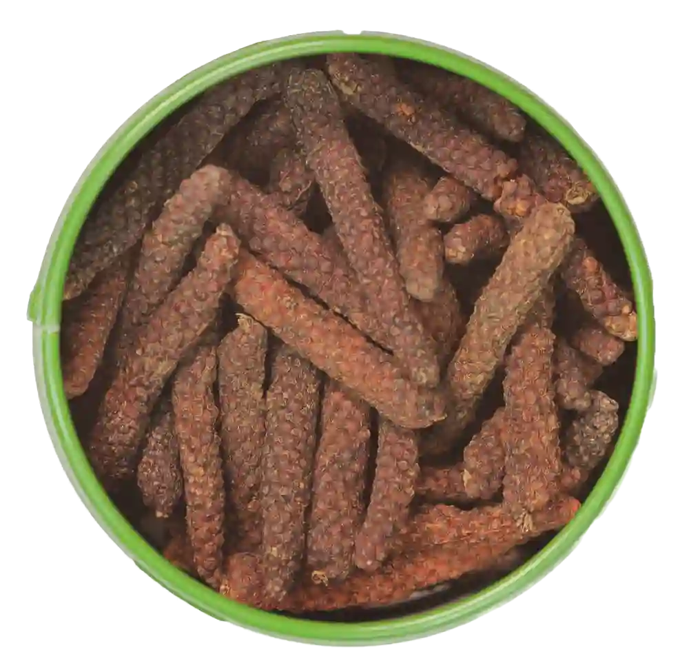 Blick auf die offene Gewürz-Dose mit langem roten Pfeffer