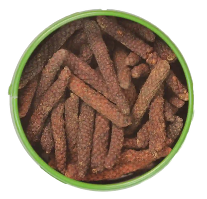 Blick auf die offene Gewürz-Dose mit langem roten Pfeffer