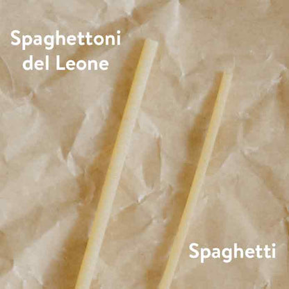 Vergleich von Spaghetti und Spaghetti del Leone. Leone Spaghetti sind dicker im Umfang.