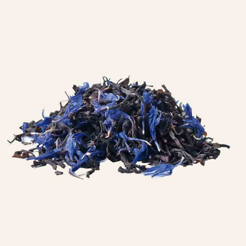 Sirocco Tee mit blauen Blüten auf hellem Hintergrund.