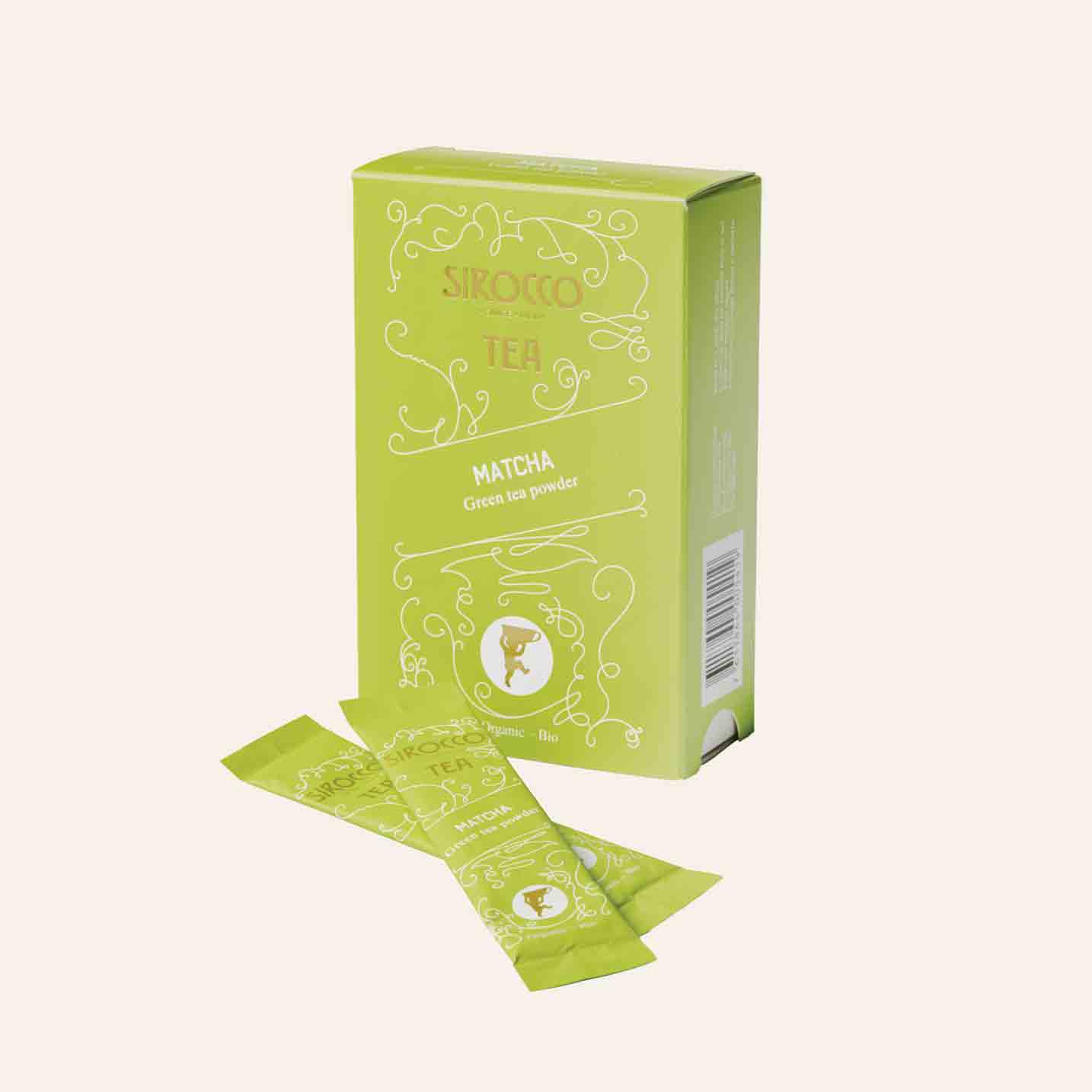 Sirocco Matcha-Sticks Verpackung mit zwei Teestäbchen.