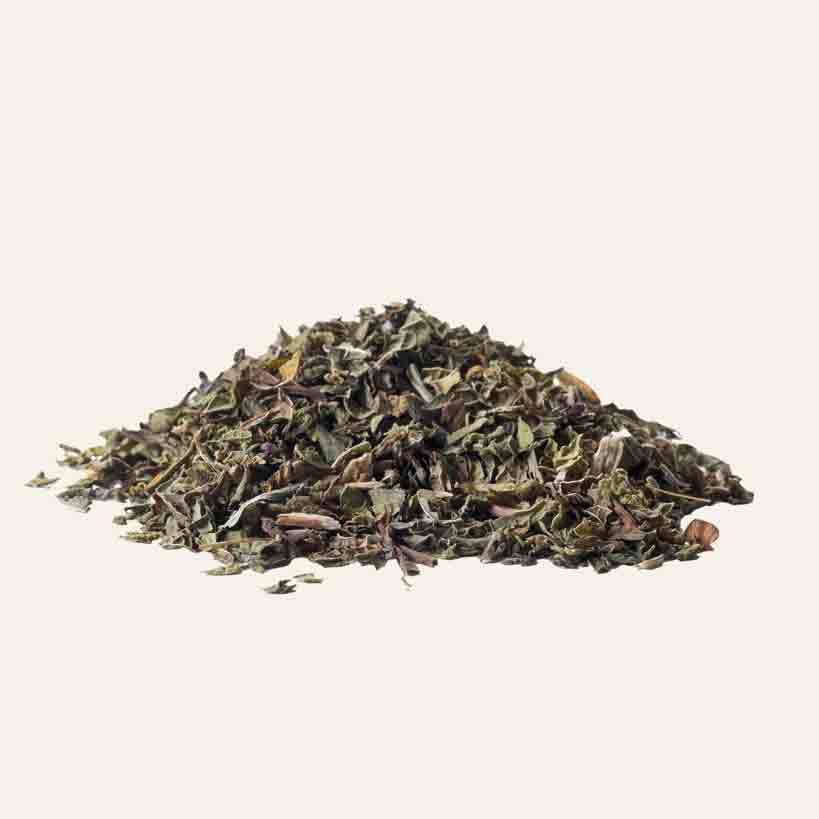 Haufen getrockneter Minzblätter.