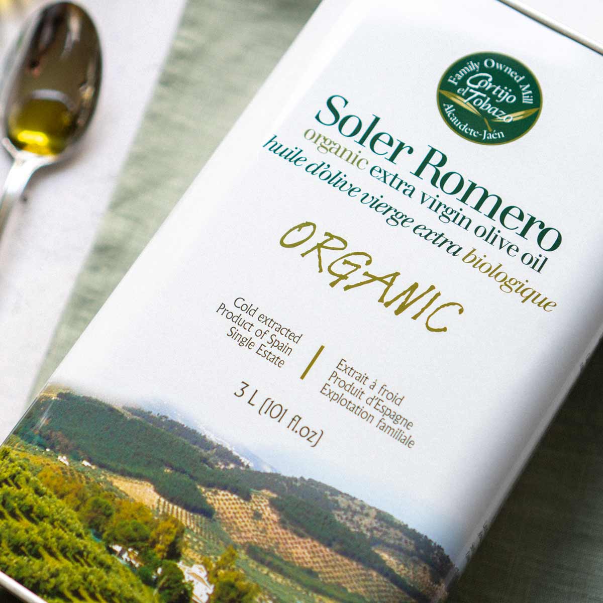 Soler Romero Olivenöl Bio 3-Liter Kanister Etikett.