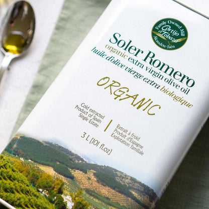 Soler Romero Olivenöl Bio 3-Liter Kanister Etikett.