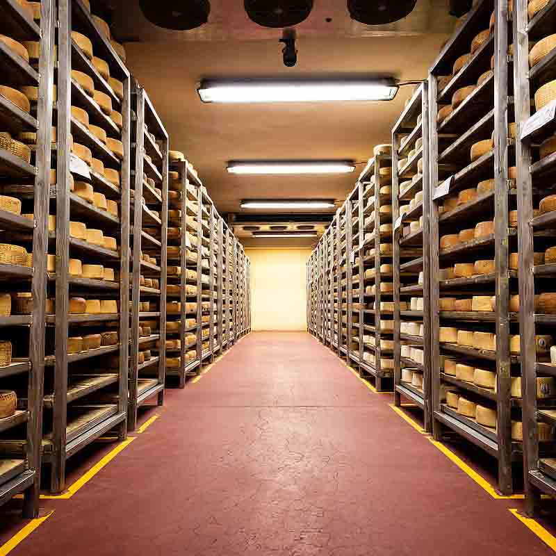 Käselager mit vielen Regalen voller Käselaibe.