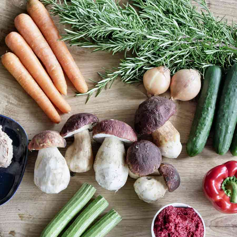 Karotten, Steinpilze, Rosmarin, Zwiebeln, Gurken, Paprika, Pastete.