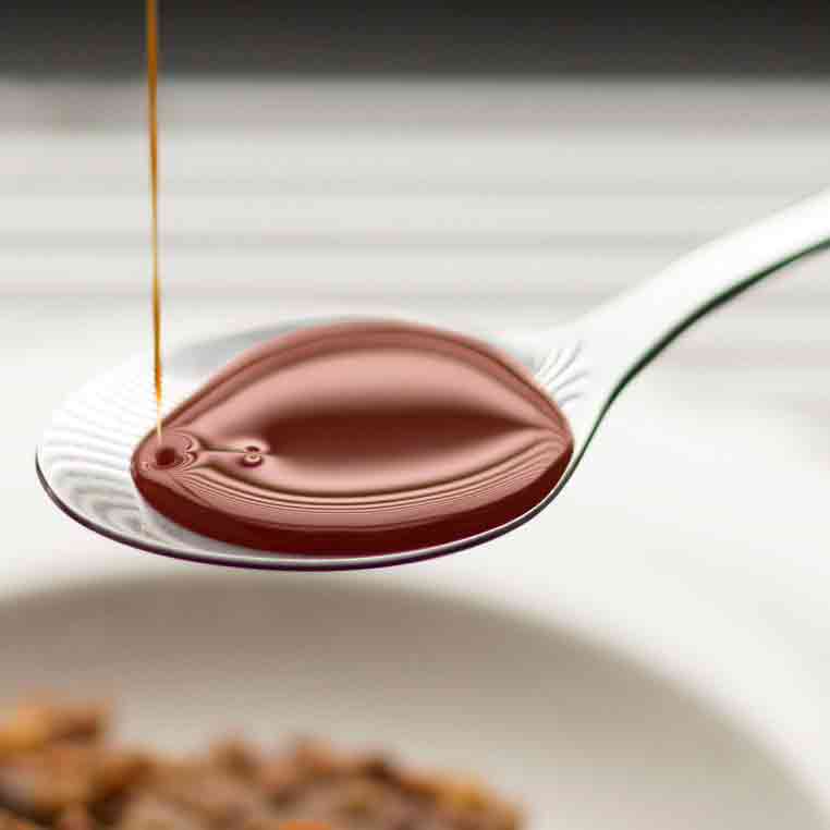 Löffel mit Tomami-Würzsauce über einem Teller.