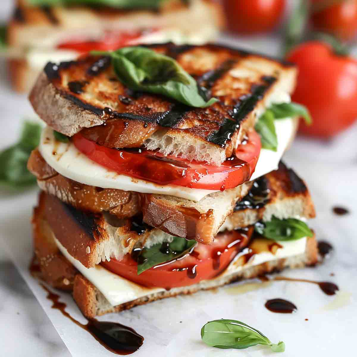 Tomate-Mozzarella-Sandwich mit Balsamico und Basilikumblättern.