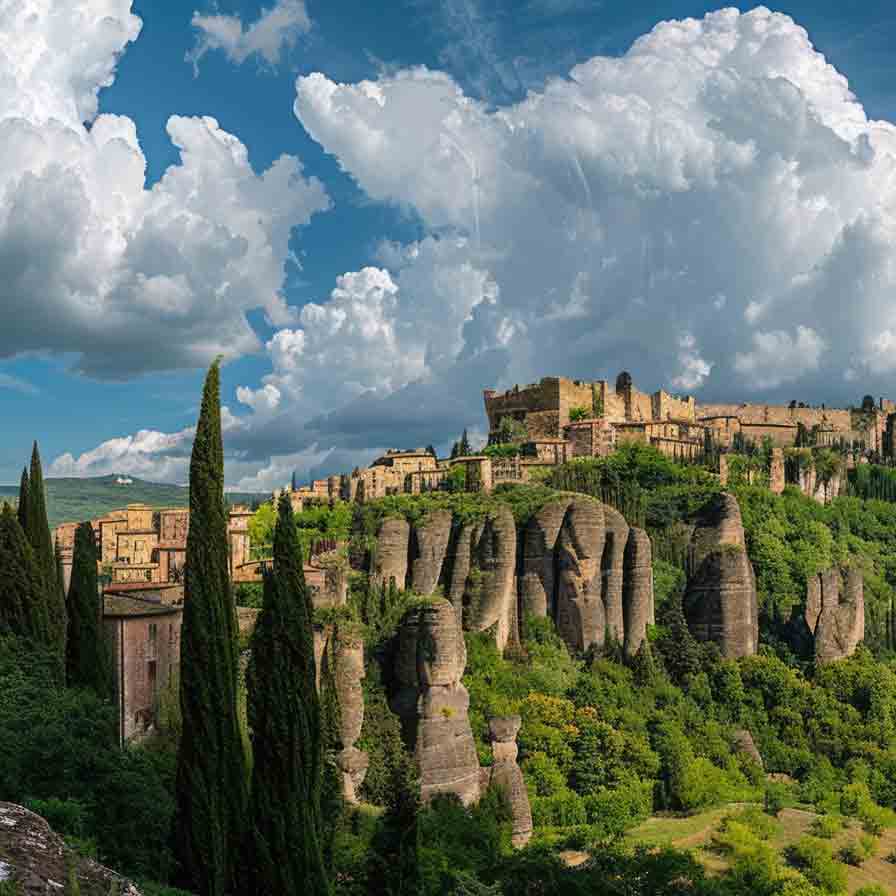 Mittelalterliche Stadt auf Felsen.