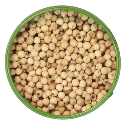 Altes Gewürzamt Blick auf die offene Gewürz-Dose mit weißem Pfeffer